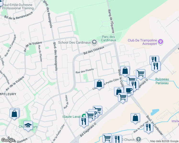 map of restaurants, bars, coffee shops, grocery stores, and more near 2322 Rue des Piverts in Laval