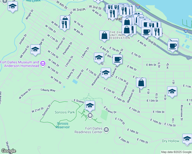 map of restaurants, bars, coffee shops, grocery stores, and more near 220 East 12th Street in The Dalles