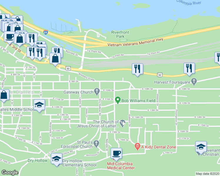 map of restaurants, bars, coffee shops, grocery stores, and more near 1721 East 10th Street in The Dalles