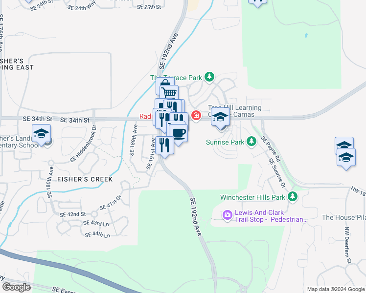 map of restaurants, bars, coffee shops, grocery stores, and more near 3505 Southeast 192nd Avenue in Vancouver