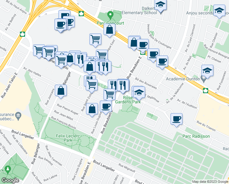 map of restaurants, bars, coffee shops, grocery stores, and more near 6900 Boulevard des Galeries d'Anjou in Montréal