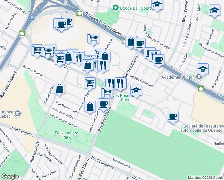 map of restaurants, bars, coffee shops, grocery stores, and more near 6900 Boulevard des Galeries d'Anjou in Montréal