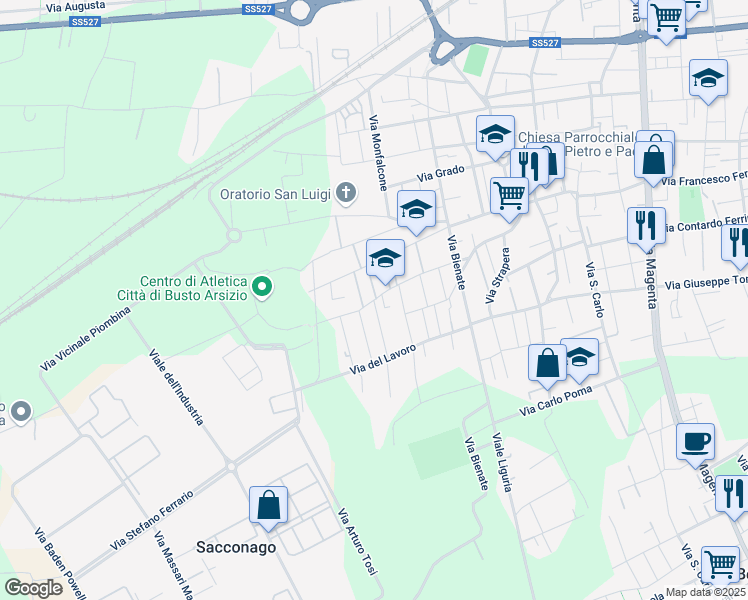 map of restaurants, bars, coffee shops, grocery stores, and more near 28 Via Ronchetto in Busto Arsizio