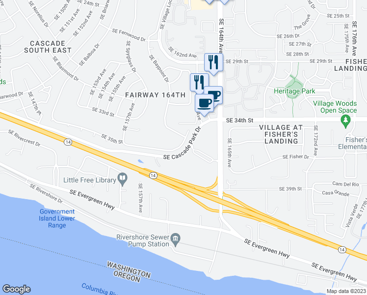 map of restaurants, bars, coffee shops, grocery stores, and more near 16019 Southeast 35th Street in Vancouver