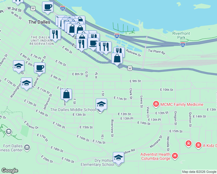 map of restaurants, bars, coffee shops, grocery stores, and more near 1207 East 10th Street in The Dalles