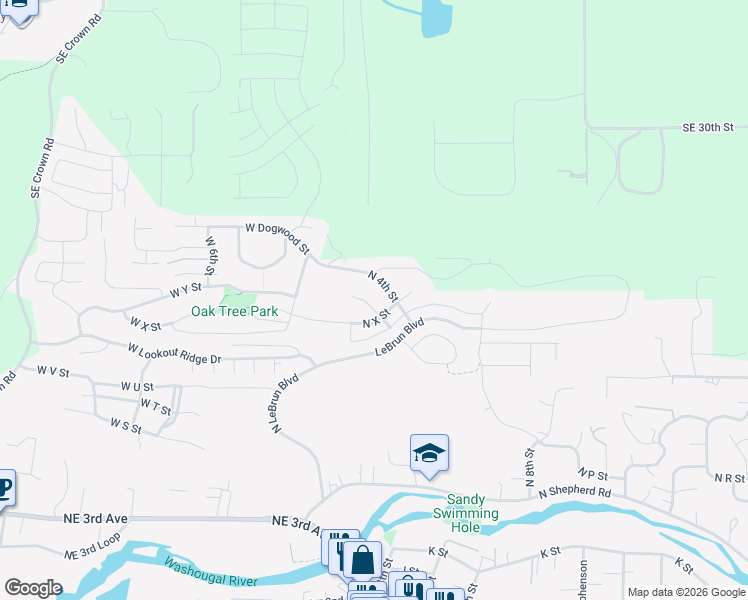 map of restaurants, bars, coffee shops, grocery stores, and more near 2428 North 3rd Street in Washougal