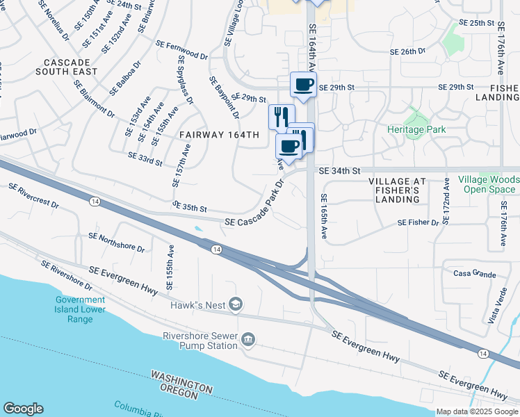 map of restaurants, bars, coffee shops, grocery stores, and more near 16019 Southeast 35th Street in Vancouver