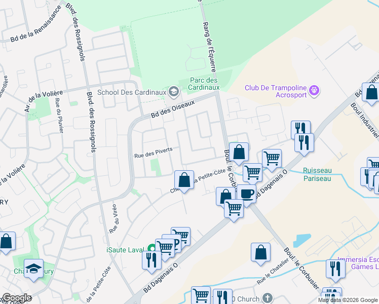 map of restaurants, bars, coffee shops, grocery stores, and more near 5944 Rue des Cardinaux in Laval