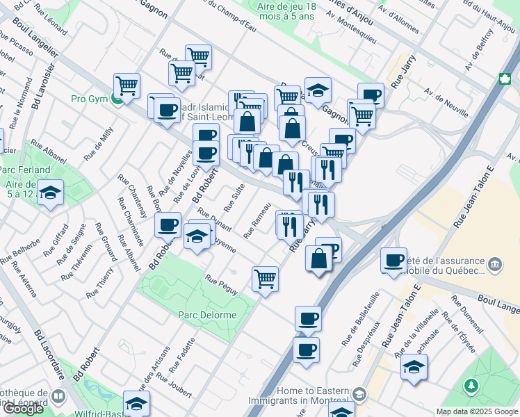 map of restaurants, bars, coffee shops, grocery stores, and more near 6373 Rue Rameau in Montréal