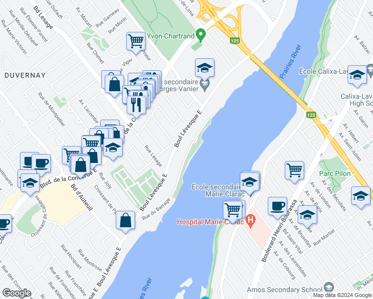 map of restaurants, bars, coffee shops, grocery stores, and more near 3705 Rue du Barrage in Laval