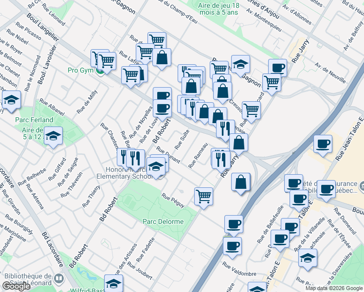 map of restaurants, bars, coffee shops, grocery stores, and more near 6332 Rue Sulte in Montréal