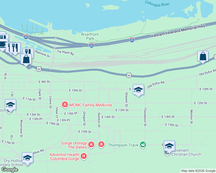 map of restaurants, bars, coffee shops, grocery stores, and more near 2001 East 10th Street in The Dalles