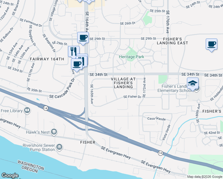 map of restaurants, bars, coffee shops, grocery stores, and more near 3512 Southeast 168th Avenue in Vancouver