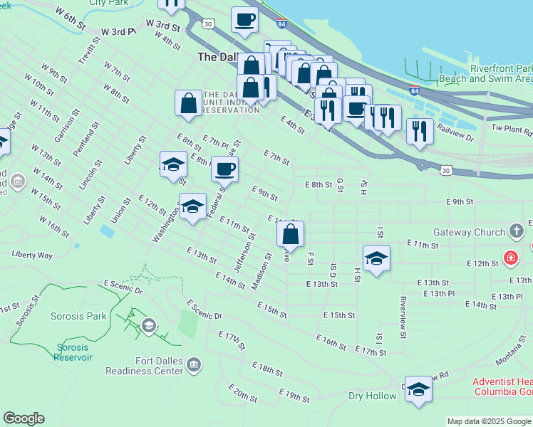 map of restaurants, bars, coffee shops, grocery stores, and more near 603 East 10th Street in The Dalles