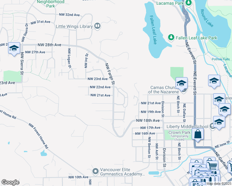 map of restaurants, bars, coffee shops, grocery stores, and more near 2149 Northwest Fargo Loop in Camas