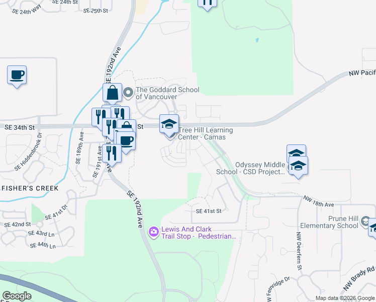 map of restaurants, bars, coffee shops, grocery stores, and more near 19808 Southeast 36th Street in Camas