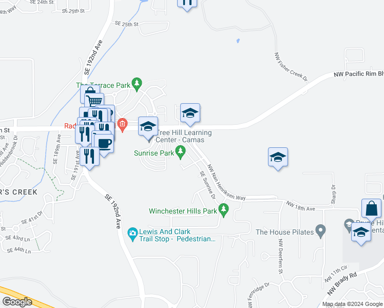 map of restaurants, bars, coffee shops, grocery stores, and more near 3617 Southeast Sunrise Drive in Camas