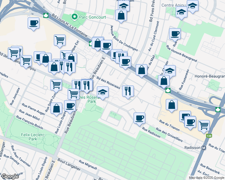 map of restaurants, bars, coffee shops, grocery stores, and more near 6312 Place de la Malicorne in Montreal