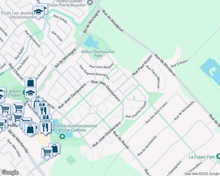 map of restaurants, bars, coffee shops, grocery stores, and more near 703 Rue Jean Deslauriers in Boucherville