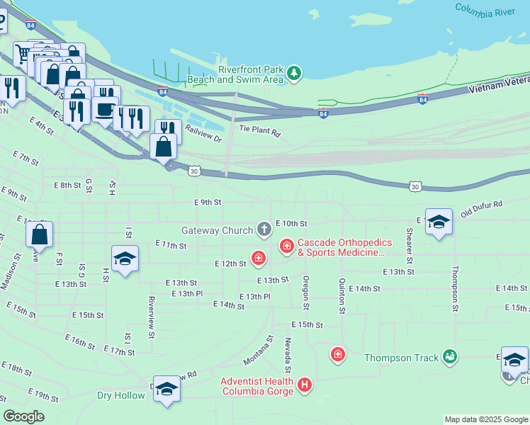 map of restaurants, bars, coffee shops, grocery stores, and more near 1700 East 9th Street in The Dalles
