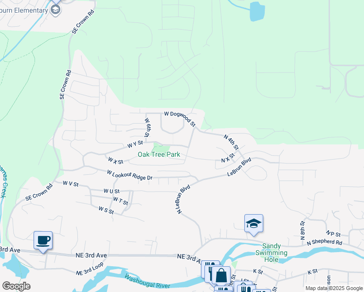 map of restaurants, bars, coffee shops, grocery stores, and more near 2671 West 1st Street in Washougal
