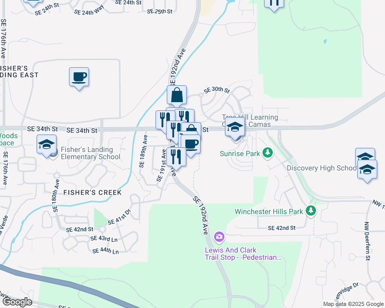 map of restaurants, bars, coffee shops, grocery stores, and more near 3425 Southeast 192nd Avenue in Vancouver