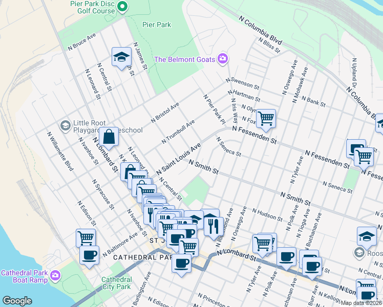 map of restaurants, bars, coffee shops, grocery stores, and more near 9107 North Windle Street in Portland