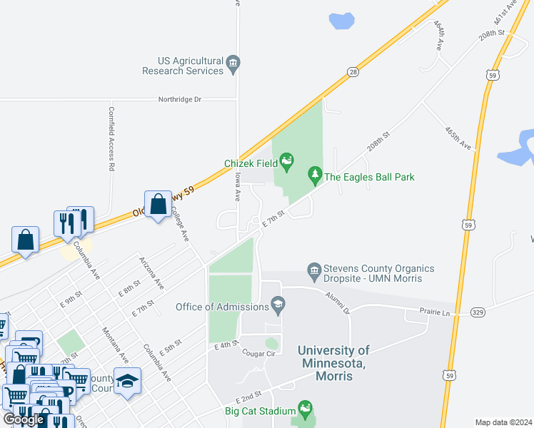 map of restaurants, bars, coffee shops, grocery stores, and more near 704 Imperial Drive in Morris