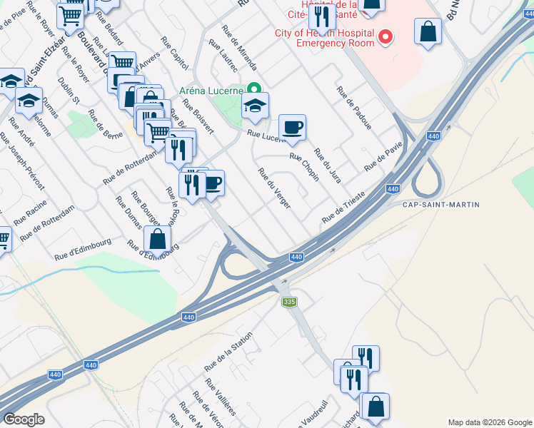 map of restaurants, bars, coffee shops, grocery stores, and more near 1624 Rue Boisvert in Laval