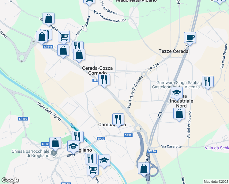map of restaurants, bars, coffee shops, grocery stores, and more near 113 Via Monte Verlaldo in Cereda-cozza Cornedo