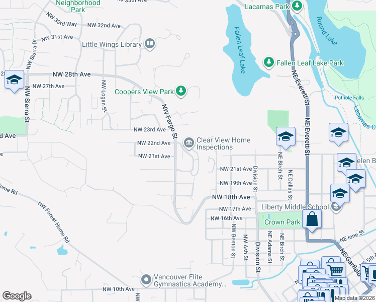 map of restaurants, bars, coffee shops, grocery stores, and more near 2106 Northwest Fargo Loop in Camas