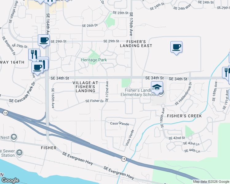 map of restaurants, bars, coffee shops, grocery stores, and more near 3510 Southeast 173rd Court in Vancouver