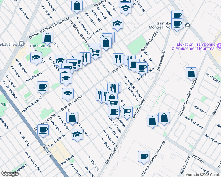 map of restaurants, bars, coffee shops, grocery stores, and more near 10770 Avenue Hénault in Montréal