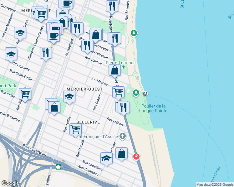 map of restaurants, bars, coffee shops, grocery stores, and more near 8435 Rue Notre-Dame Est in Montréal