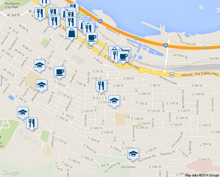 map of restaurants, bars, coffee shops, grocery stores, and more near 1010 East 9th Street in The Dalles