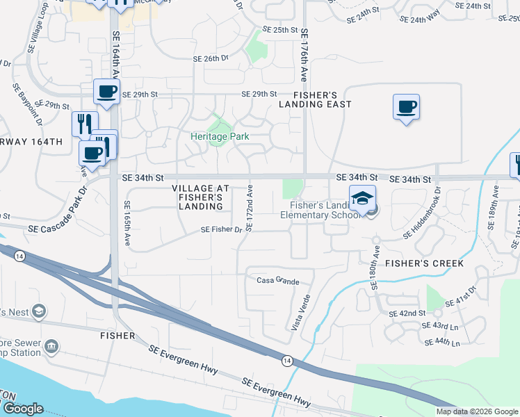 map of restaurants, bars, coffee shops, grocery stores, and more near 17208 Southeast 36th Street in Vancouver