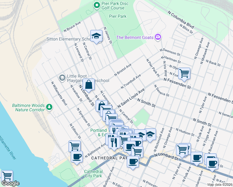 map of restaurants, bars, coffee shops, grocery stores, and more near 8540 North Trumbull Avenue in Portland