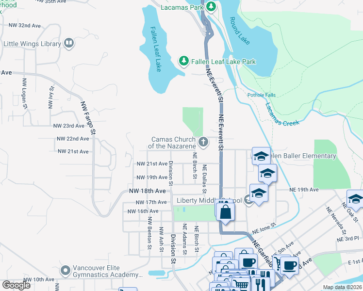 map of restaurants, bars, coffee shops, grocery stores, and more near 207 Northeast 22nd Avenue in Camas