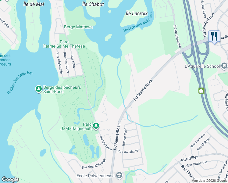 map of restaurants, bars, coffee shops, grocery stores, and more near Boulevard Sainte-Rose in Laval