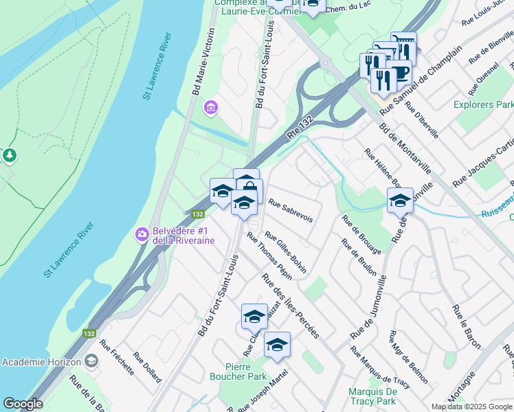 map of restaurants, bars, coffee shops, grocery stores, and more near 280 Boulevard du Fort-Saint-Louis in Boucherville
