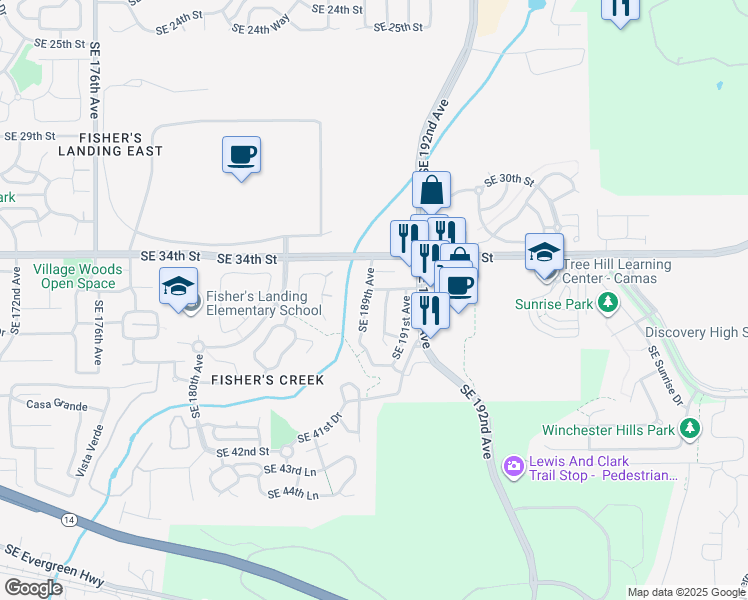 map of restaurants, bars, coffee shops, grocery stores, and more near 3609 Southeast 189th Avenue in Vancouver