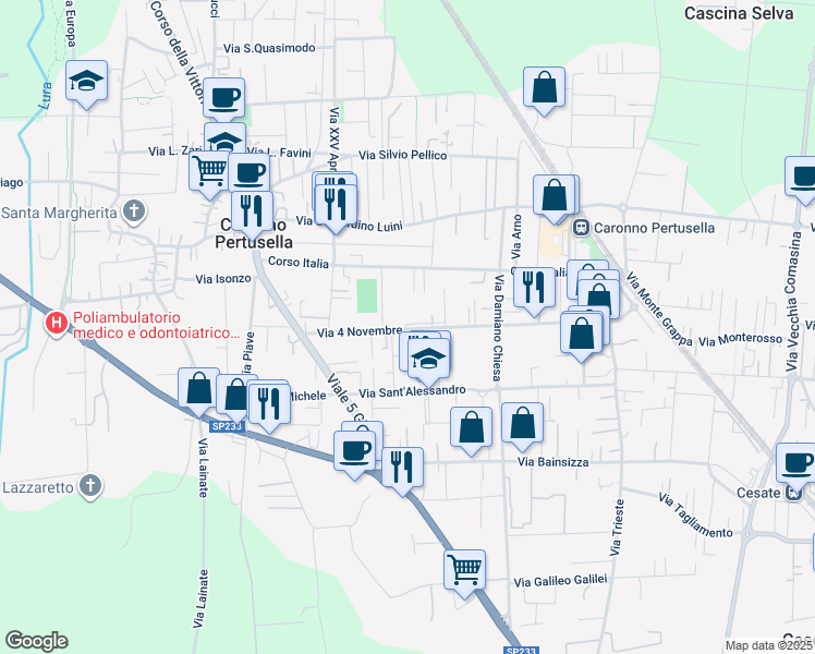 map of restaurants, bars, coffee shops, grocery stores, and more near 321 Via 4 Novembre in Caronno Pertusella