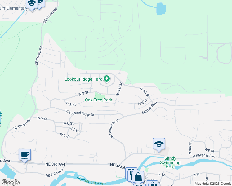 map of restaurants, bars, coffee shops, grocery stores, and more near 2551 West 1st Street in Washougal