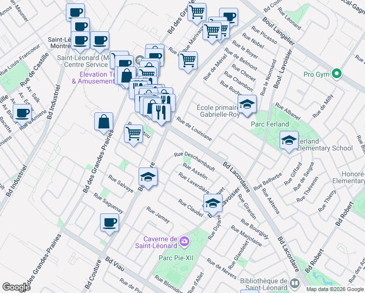 map of restaurants, bars, coffee shops, grocery stores, and more near 9095 Rue Grandbois in Montréal