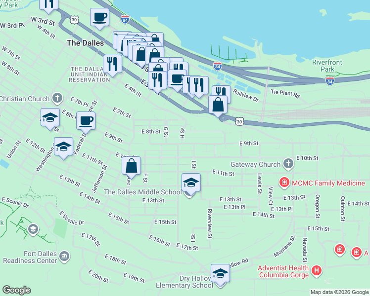 map of restaurants, bars, coffee shops, grocery stores, and more near 1112 East 9th Street in The Dalles