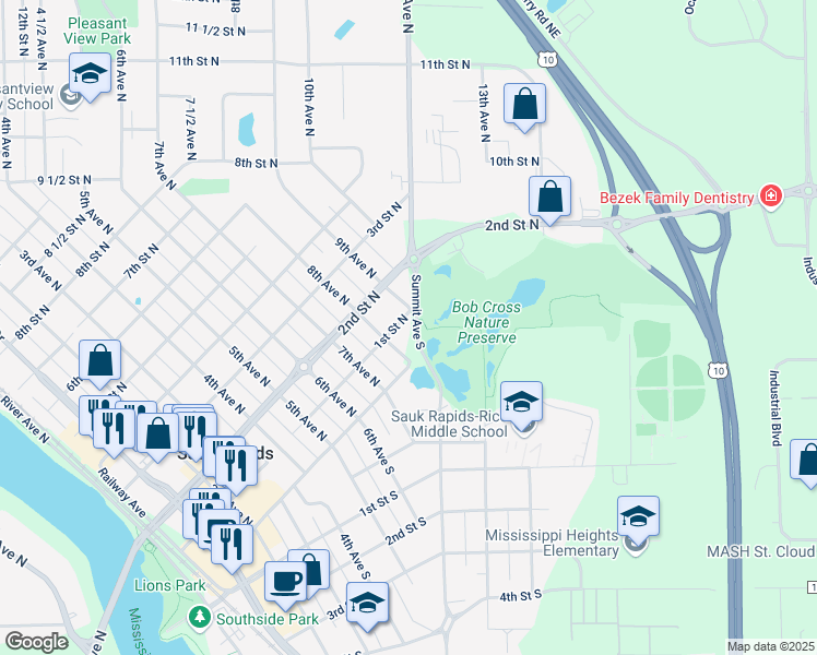 map of restaurants, bars, coffee shops, grocery stores, and more near 811 1st Street North in Sauk Rapids