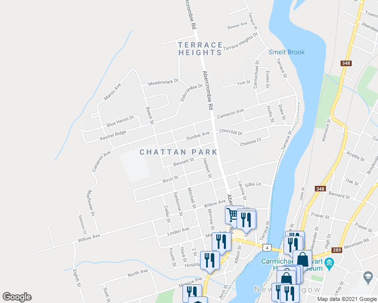 map of restaurants, bars, coffee shops, grocery stores, and more near 348 Victoria Avenue in New Glasgow