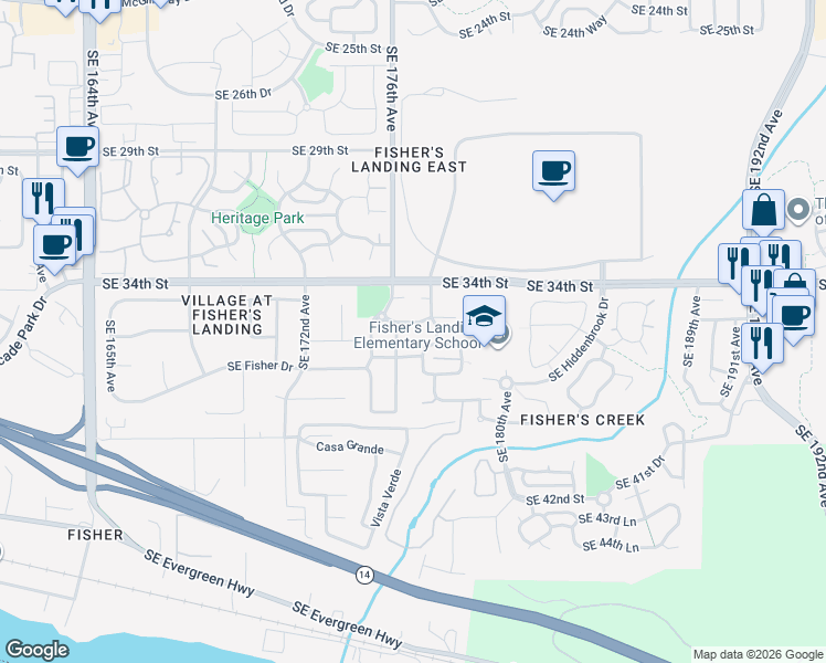 map of restaurants, bars, coffee shops, grocery stores, and more near 17613 Southeast 35th Street in Vancouver
