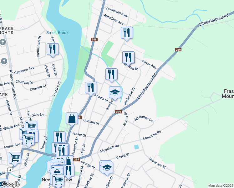 map of restaurants, bars, coffee shops, grocery stores, and more near 353 Brookside Avenue in New Glasgow
