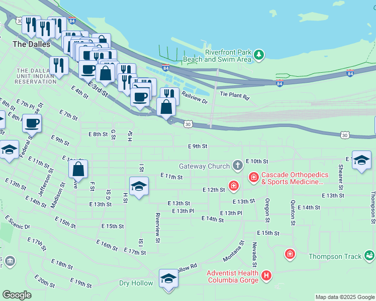 map of restaurants, bars, coffee shops, grocery stores, and more near 1420 East 9th Street in The Dalles